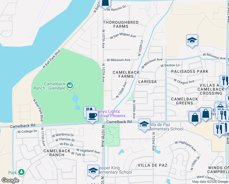 map of restaurants, bars, coffee shops, grocery stores, and more near 5233 North 106th Drive in Glendale