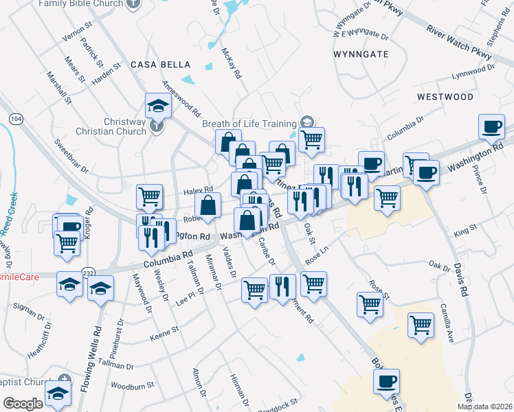 map of restaurants, bars, coffee shops, grocery stores, and more near 3903 Roberts Road in Augusta