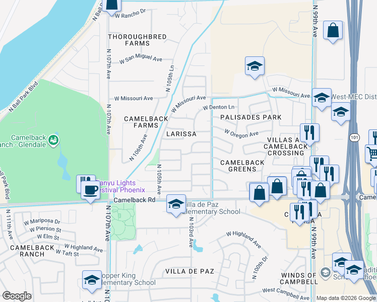 map of restaurants, bars, coffee shops, grocery stores, and more near 10323 West Medlock Drive in Glendale