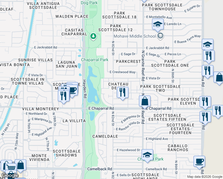map of restaurants, bars, coffee shops, grocery stores, and more near 5110 North 82nd Street in Scottsdale