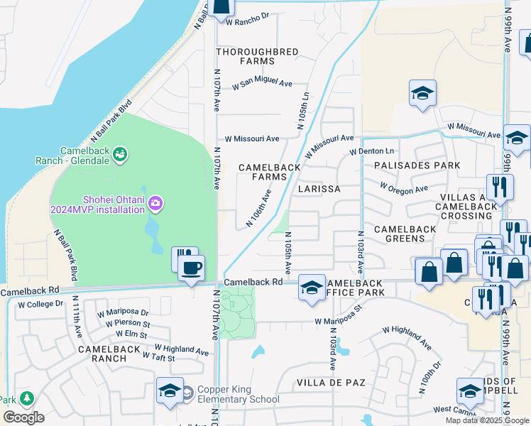 map of restaurants, bars, coffee shops, grocery stores, and more near 5251 North 106th Avenue in Glendale