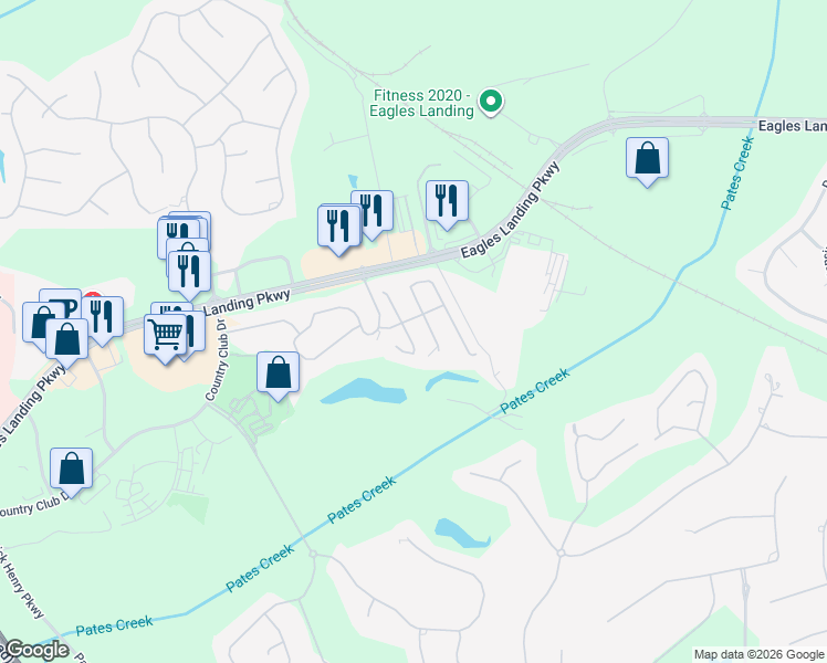 map of restaurants, bars, coffee shops, grocery stores, and more near 103 Prestwick Way South in Stockbridge
