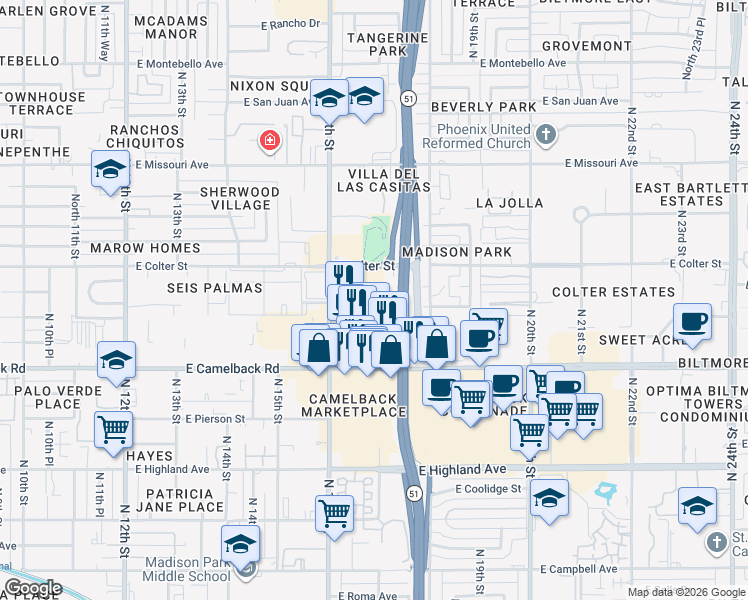 map of restaurants, bars, coffee shops, grocery stores, and more near 1701 East Colter Street in Phoenix