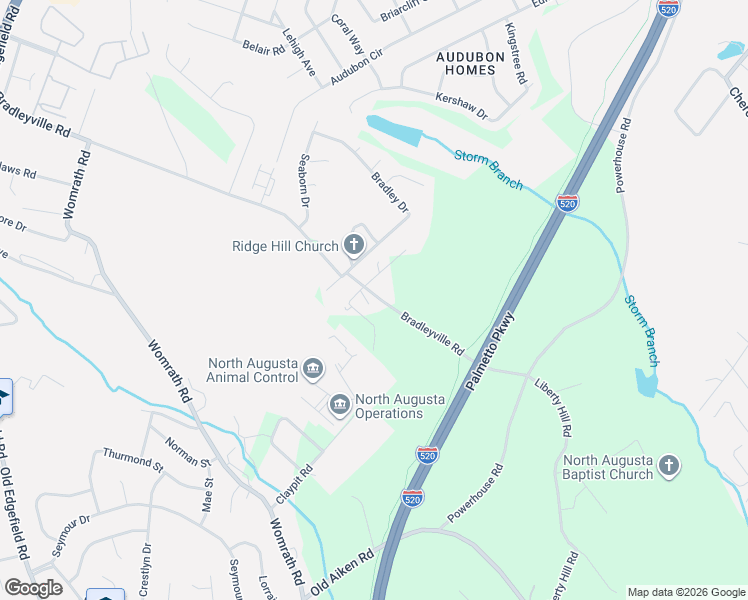 map of restaurants, bars, coffee shops, grocery stores, and more near 540 Bradleyville Road in North Augusta