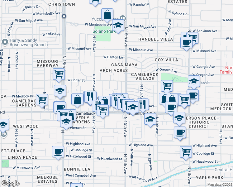 map of restaurants, bars, coffee shops, grocery stores, and more near 5115 North 16th Drive in Phoenix