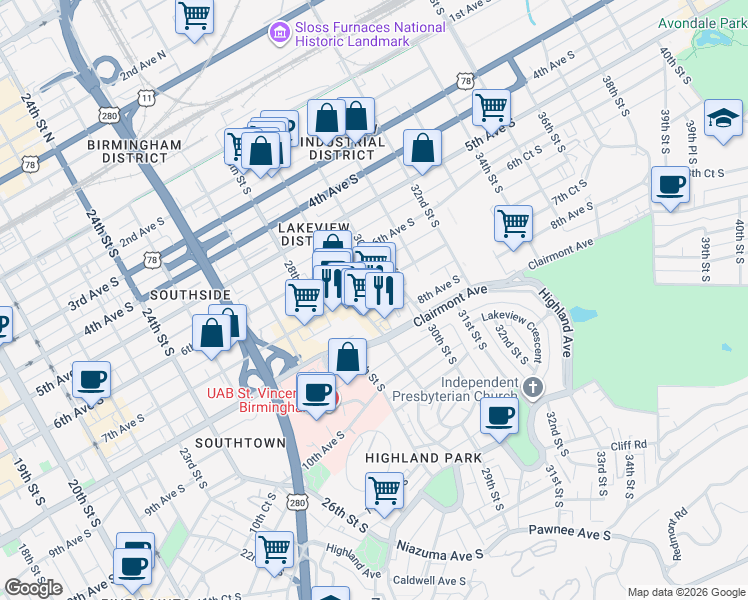 map of restaurants, bars, coffee shops, grocery stores, and more near 711 29th Street South in Birmingham