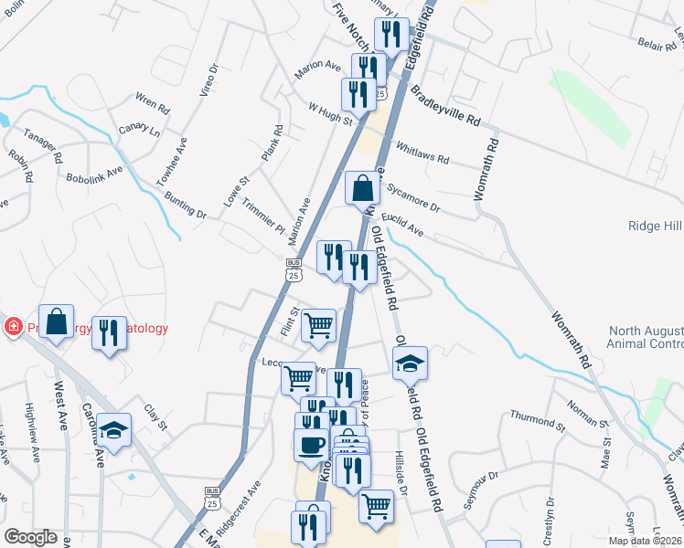 map of restaurants, bars, coffee shops, grocery stores, and more near 1702 Knox Avenue in North Augusta