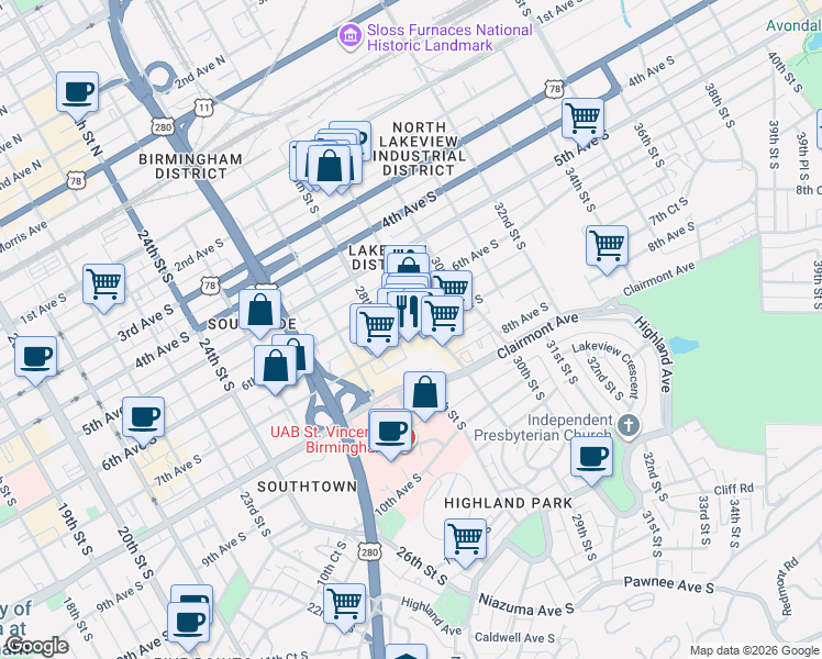 map of restaurants, bars, coffee shops, grocery stores, and more near 2808 7th Avenue South in Birmingham