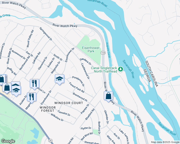 map of restaurants, bars, coffee shops, grocery stores, and more near 2461 Riverlook Drive in Augusta