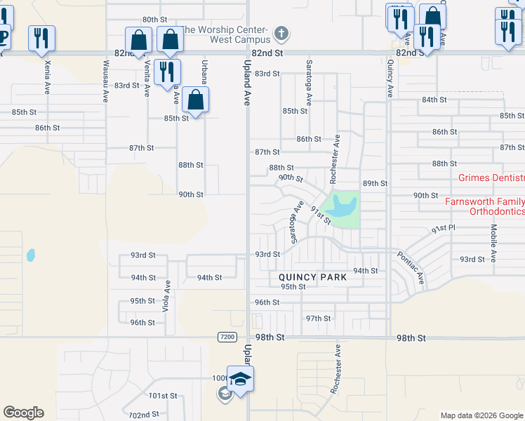 map of restaurants, bars, coffee shops, grocery stores, and more near 8701-9299 Upland Avenue in Lubbock