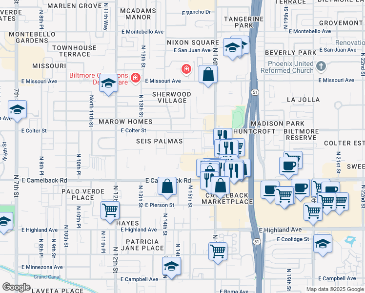 map of restaurants, bars, coffee shops, grocery stores, and more near 5131 North 15th Street in Phoenix