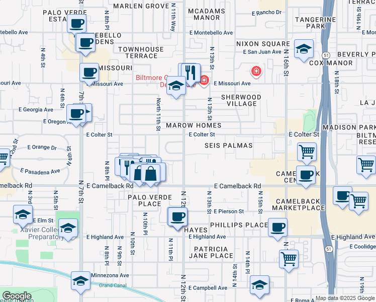 map of restaurants, bars, coffee shops, grocery stores, and more near 5115 North 12th Street in Phoenix