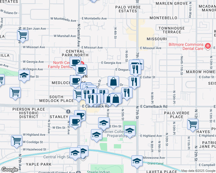 map of restaurants, bars, coffee shops, grocery stores, and more near 236 East Medlock Drive in Phoenix