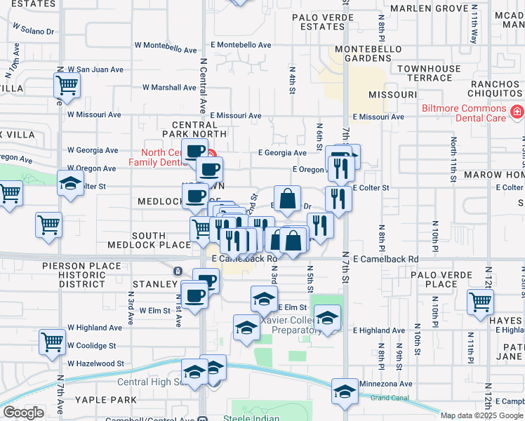 map of restaurants, bars, coffee shops, grocery stores, and more near 236 East Medlock Drive in Phoenix