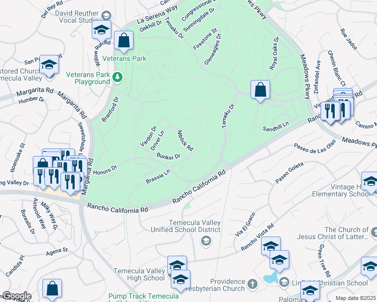 map of restaurants, bars, coffee shops, grocery stores, and more near 31138 Bunker Drive in Temecula