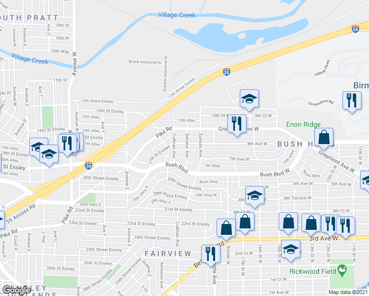 map of restaurants, bars, coffee shops, grocery stores, and more near 1720 Decatur Avenue in Birmingham