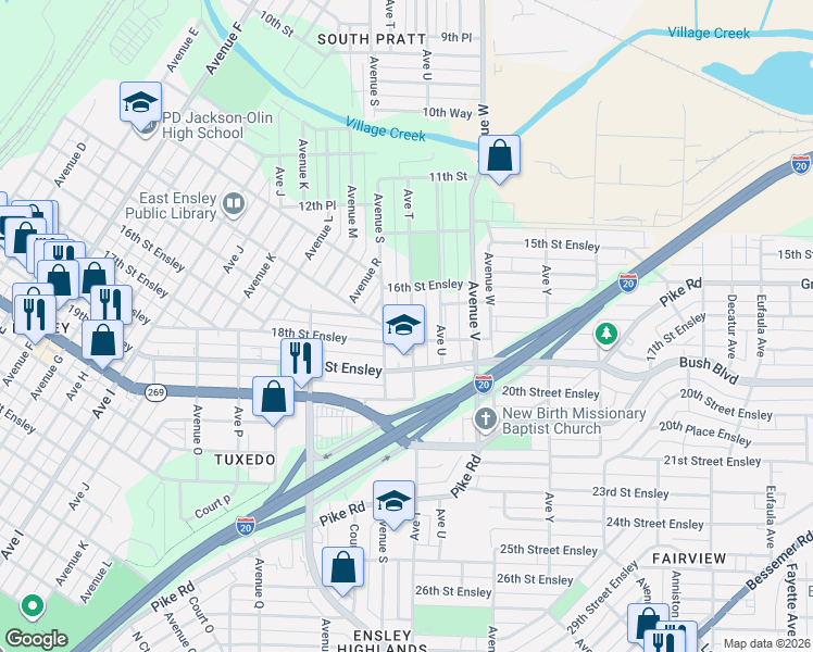 map of restaurants, bars, coffee shops, grocery stores, and more near 2004 18th Street Ensley in Birmingham