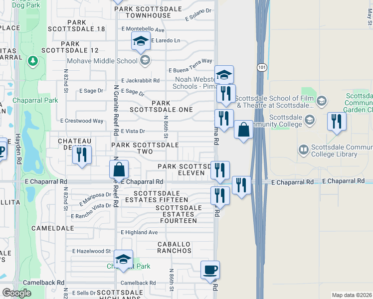 map of restaurants, bars, coffee shops, grocery stores, and more near 5120 North 87th Street in Scottsdale