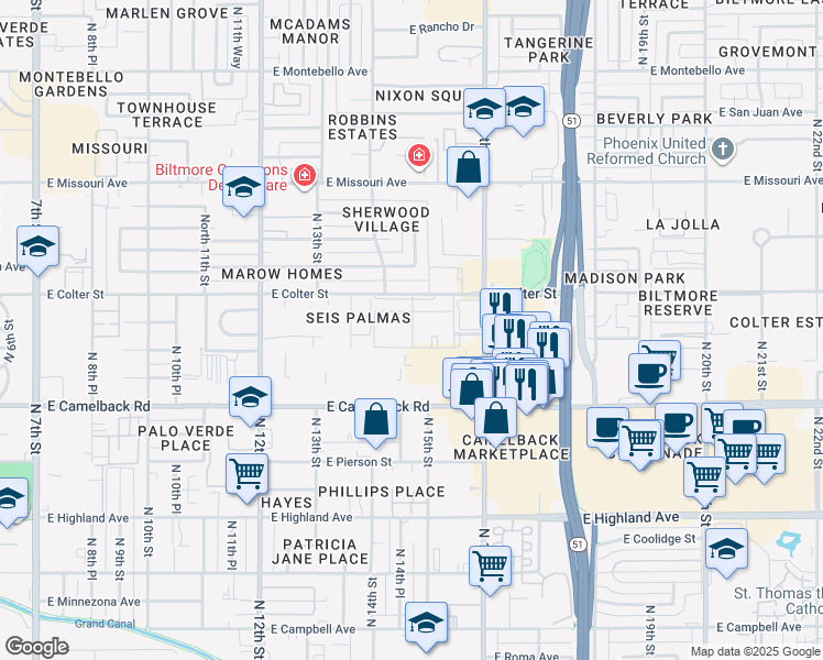 map of restaurants, bars, coffee shops, grocery stores, and more near 5131 North 15th Street in Phoenix