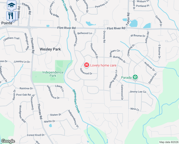 map of restaurants, bars, coffee shops, grocery stores, and more near 8966 Ashwood Drive in Riverdale