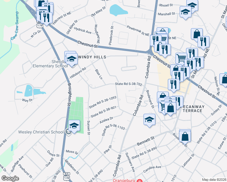 map of restaurants, bars, coffee shops, grocery stores, and more near 1723 State Road S-38-900 in Orangeburg