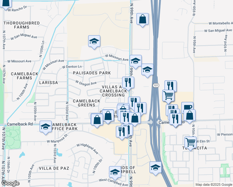map of restaurants, bars, coffee shops, grocery stores, and more near 5150 North 99th Avenue in Glendale