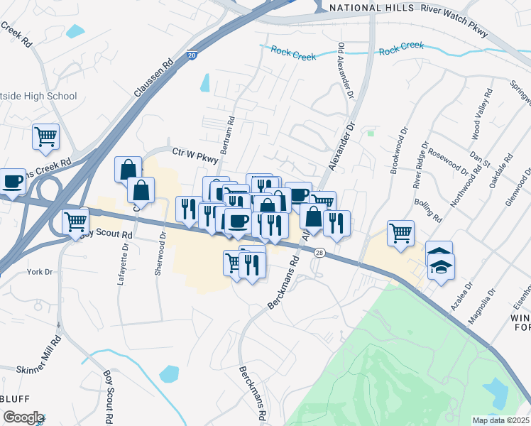 map of restaurants, bars, coffee shops, grocery stores, and more near 2803 Washington Road in Augusta