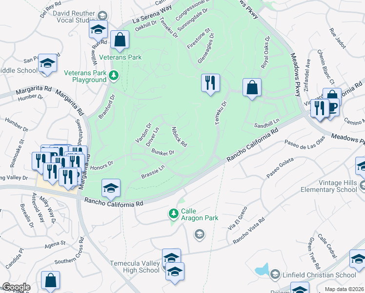 map of restaurants, bars, coffee shops, grocery stores, and more near 31138 Bunker Drive in Temecula