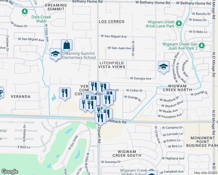 map of restaurants, bars, coffee shops, grocery stores, and more near 13014 West Colter Street in Litchfield Park