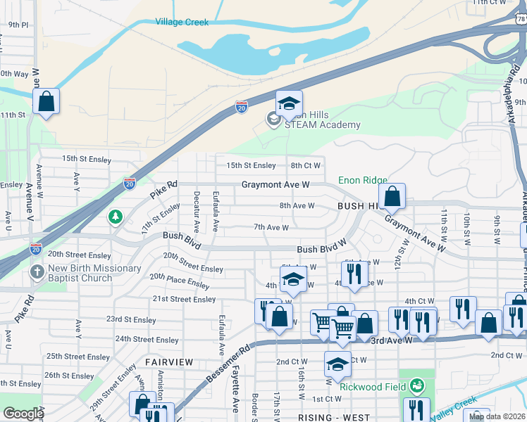 map of restaurants, bars, coffee shops, grocery stores, and more near 1633 8th Avenue West in Birmingham
