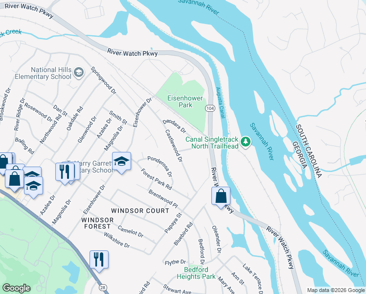 map of restaurants, bars, coffee shops, grocery stores, and more near 2463 Riverlook Drive in Augusta