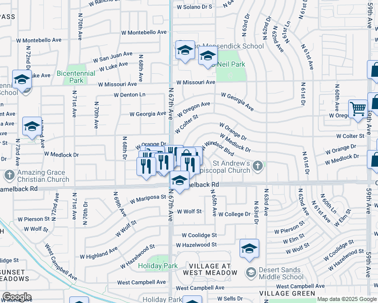 map of restaurants, bars, coffee shops, grocery stores, and more near 6596 West Medlock Drive in Glendale