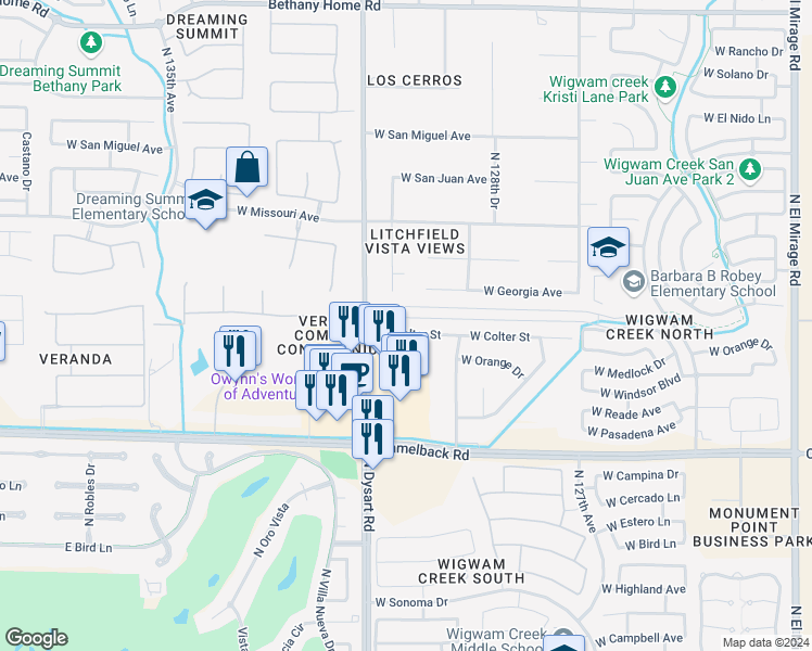 map of restaurants, bars, coffee shops, grocery stores, and more near 13014 West Colter Street in Litchfield Park