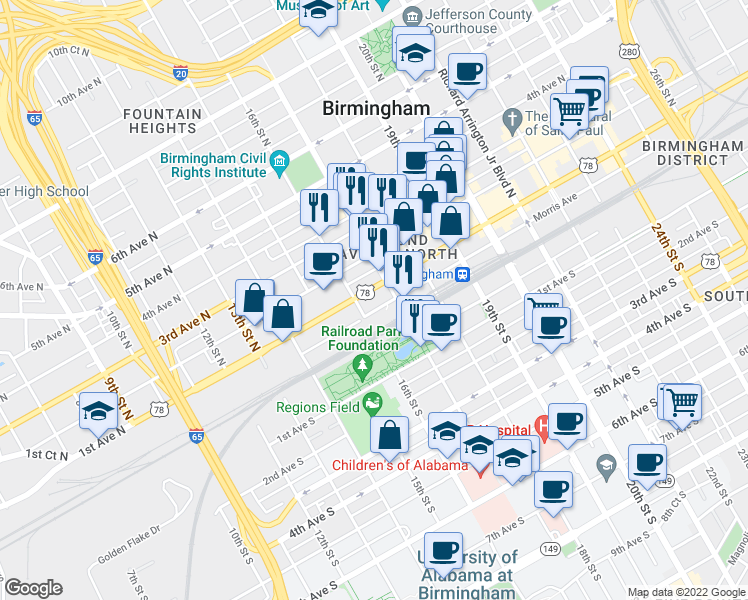 map of restaurants, bars, coffee shops, grocery stores, and more near 1605 1st Avenue North in Birmingham