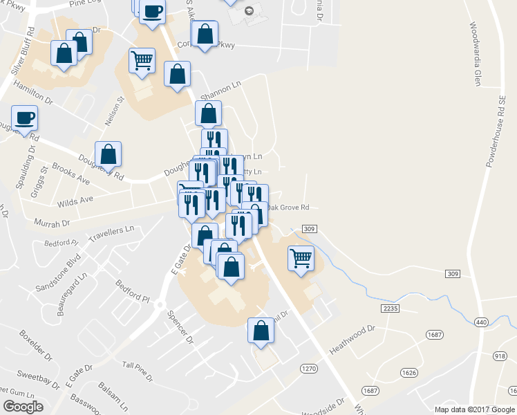 map of restaurants, bars, coffee shops, grocery stores, and more near 101 Ginger Lane in Aiken