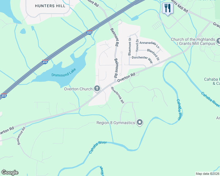 map of restaurants, bars, coffee shops, grocery stores, and more near 4106 Riverbrook Road in Irondale
