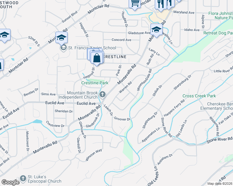 map of restaurants, bars, coffee shops, grocery stores, and more near 4225 Montevallo Road in Birmingham