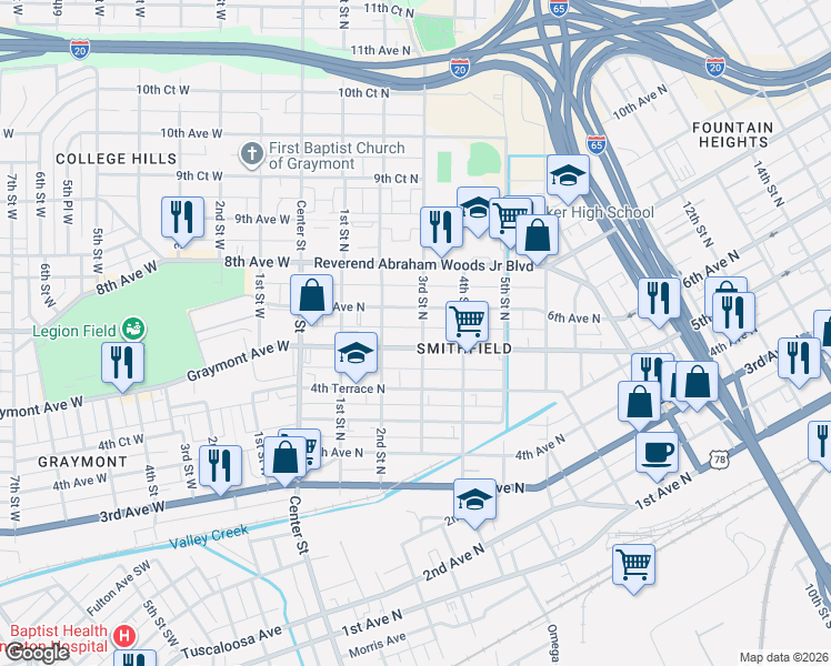 map of restaurants, bars, coffee shops, grocery stores, and more near 220 Graymont Avenue North in Birmingham