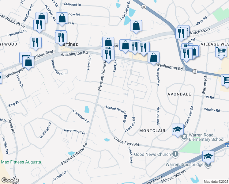 map of restaurants, bars, coffee shops, grocery stores, and more near 55 Tiburon Trail in Augusta