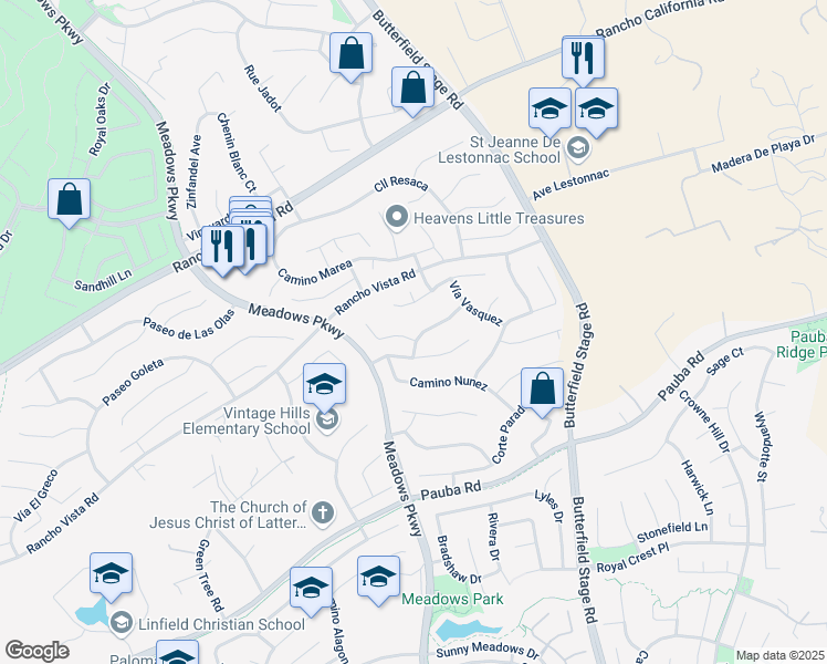 map of restaurants, bars, coffee shops, grocery stores, and more near 41956 Corte Valentine in Temecula