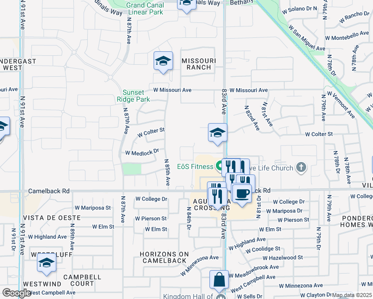 map of restaurants, bars, coffee shops, grocery stores, and more near 8429 West Windsor Boulevard in Glendale