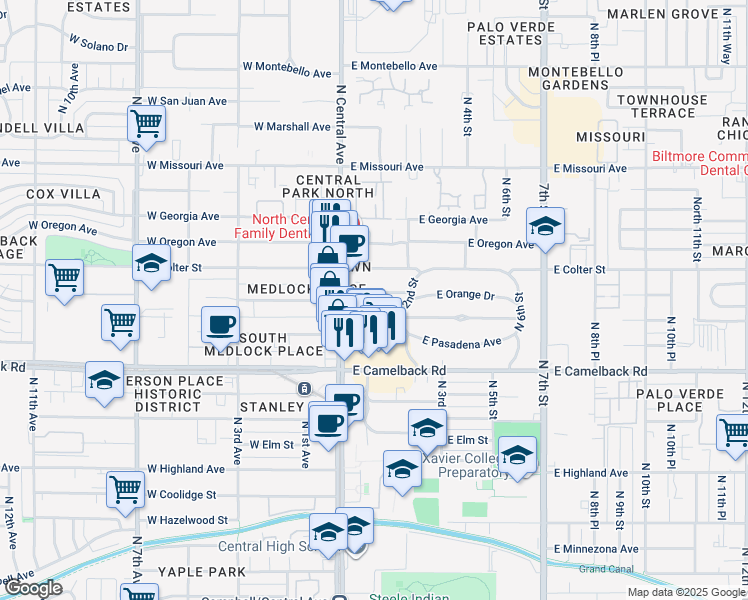 map of restaurants, bars, coffee shops, grocery stores, and more near 28 East Medlock Drive in Phoenix