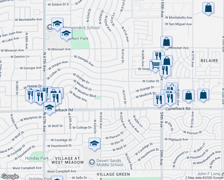 map of restaurants, bars, coffee shops, grocery stores, and more near 6231 West Medlock Drive in Glendale