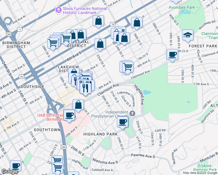 map of restaurants, bars, coffee shops, grocery stores, and more near Clairmont Ave S & 31st St S in Birmingham