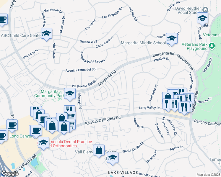 map of restaurants, bars, coffee shops, grocery stores, and more near 42070 Veneto Drive in Temecula