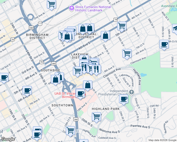 map of restaurants, bars, coffee shops, grocery stores, and more near 711 29th Street South in Birmingham