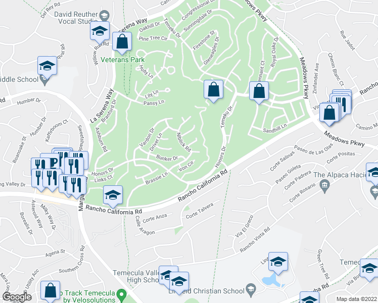 map of restaurants, bars, coffee shops, grocery stores, and more near 41943 Niblick Road in Temecula