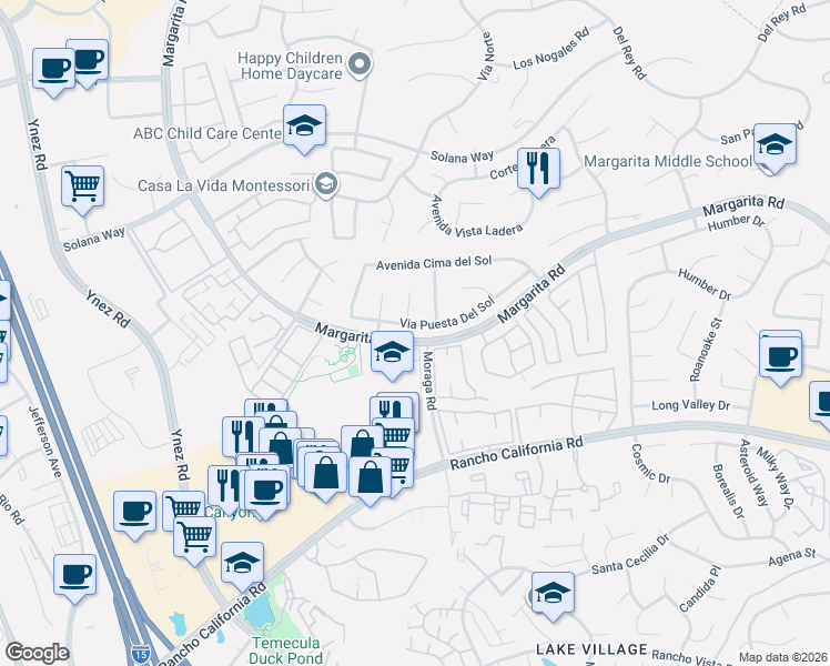 map of restaurants, bars, coffee shops, grocery stores, and more near 41982 Margarita Road in Temecula