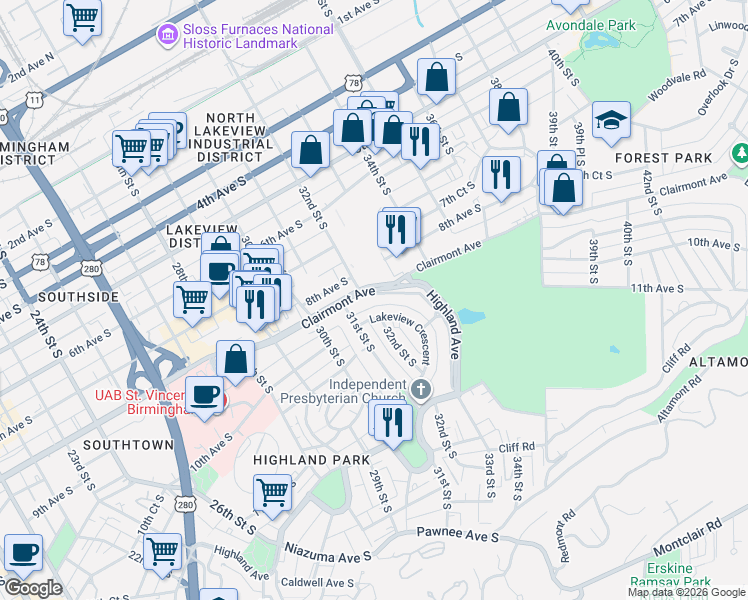 map of restaurants, bars, coffee shops, grocery stores, and more near 1033 Lakeview Crescent in Birmingham