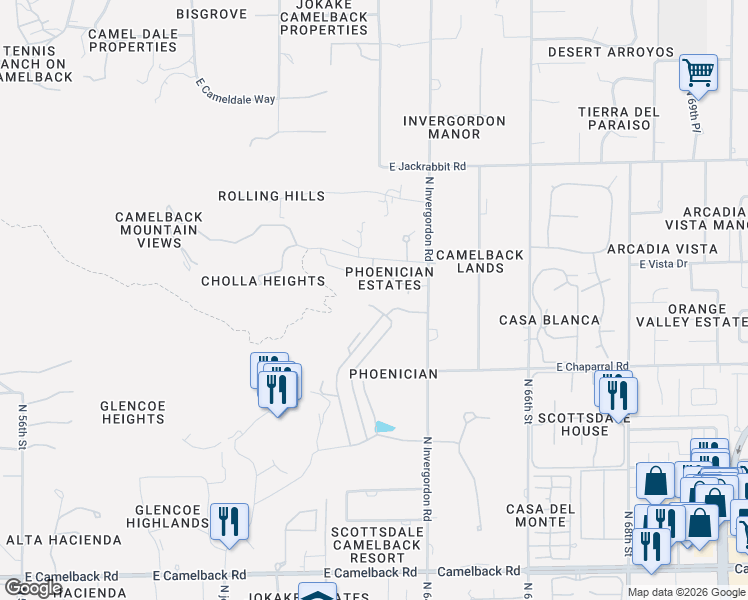 map of restaurants, bars, coffee shops, grocery stores, and more near 6131 East Cholla Lane in Paradise Valley
